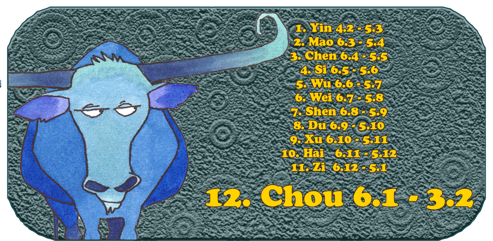 Zodiaco cinese | I dodici animali cinesi | Toro, gennaio, mese 12, Chou